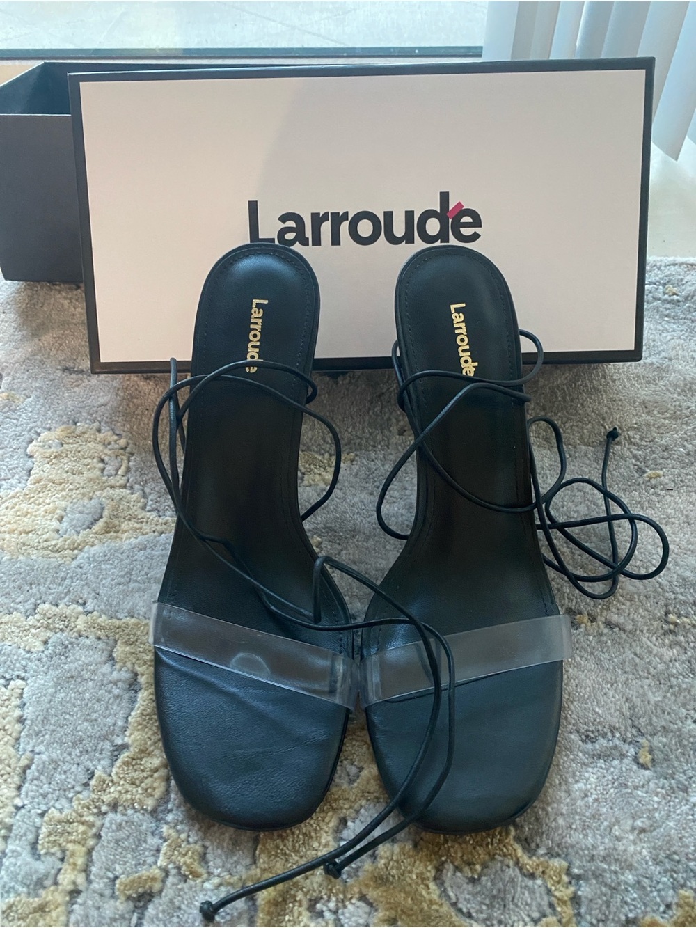 Larroude Sleek  Black Clear Push-In Leather Lace-Up High Heel Sandals. Worn once